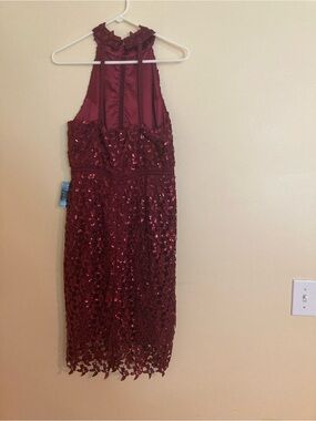 Boston Proper Burgundy Sequined Lace Backless Halter Dress